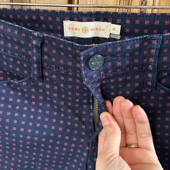 Tory Burch 25 Navy‎ Blue Red Skinny Pants Jeans Printed Dotted - Picture 6 of 14